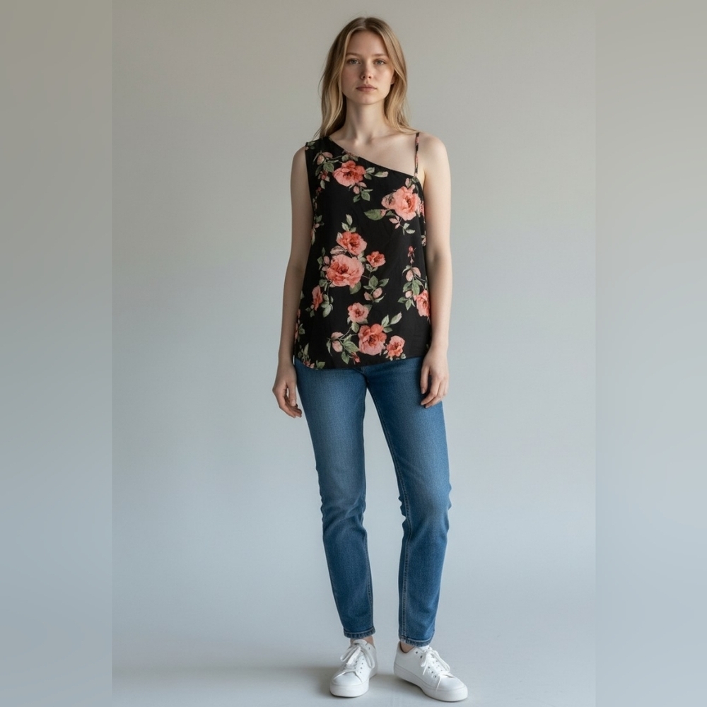 Seven Sisters Womens Floral Black One-Shoulder Top Adjustable Strap Large NWT